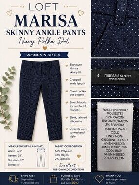 LOFT | Marisa Skinny Ankle Pants | Size 4 | Navy w/White Polka Dot | Like New